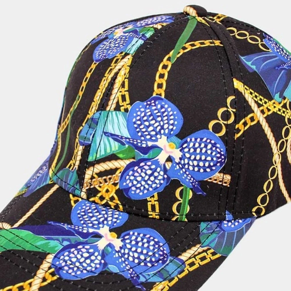Blue black flower gold chain patterned adjustable baseball hat
